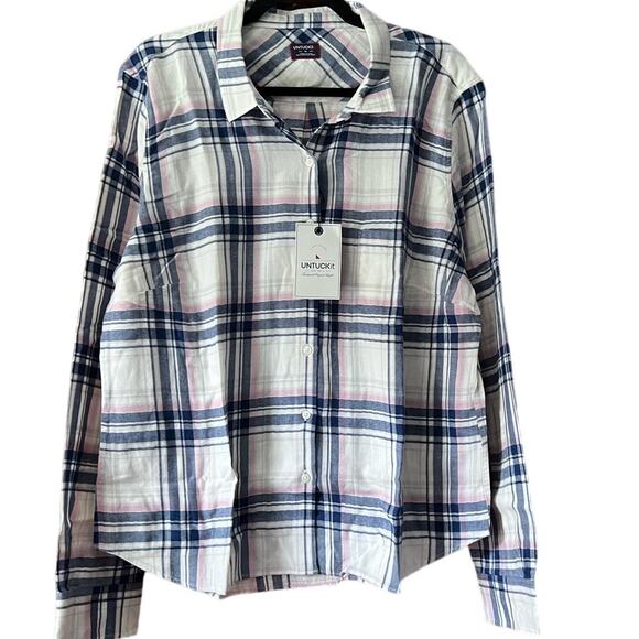 NWT Untuckit Womens De Toren Flannel Plaid Button Up Shirt White Pink Blue SZ 18 - Picture 1 of 13